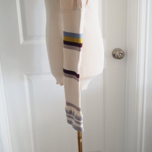 Free People Cream Long Puffed Striped Sleeve Ribbed Knit Sweater Sz Medium Boho - Picture 5 of 15
